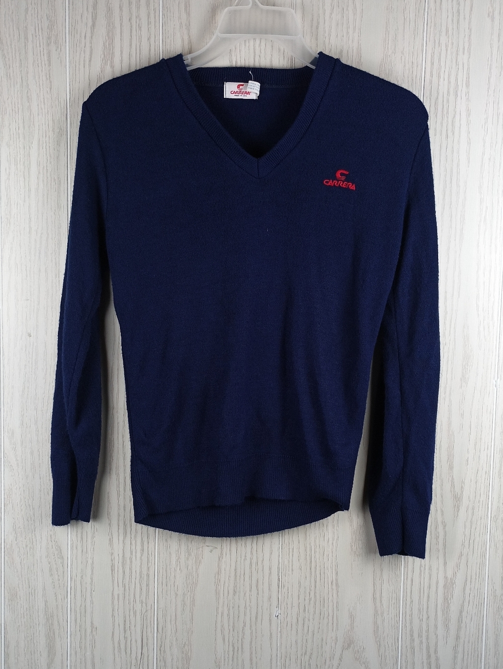 VTG Carrera Sony Autosound Long Sleeve V Neck Sweater Men's virgin orlon read.